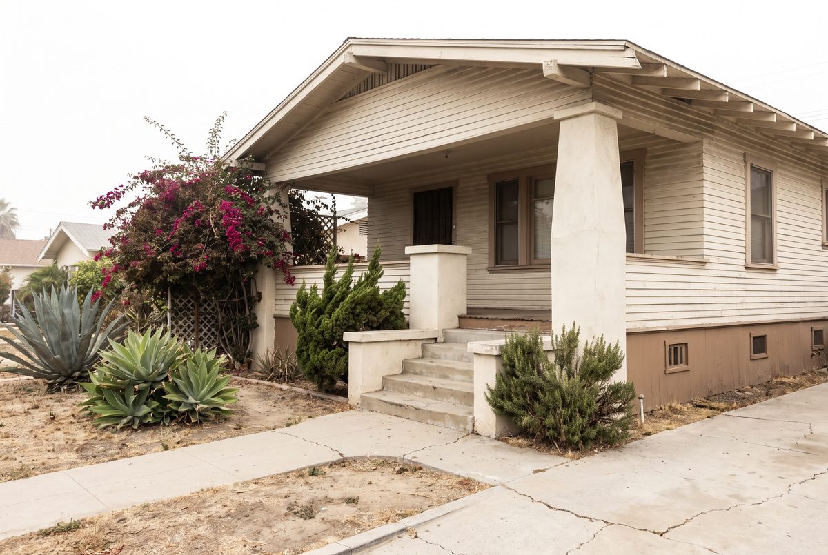 An older Los Angeles bungalow raised above the ground, with small rectangular foundation vents spaced along the painted skirt beneath the clapboard.