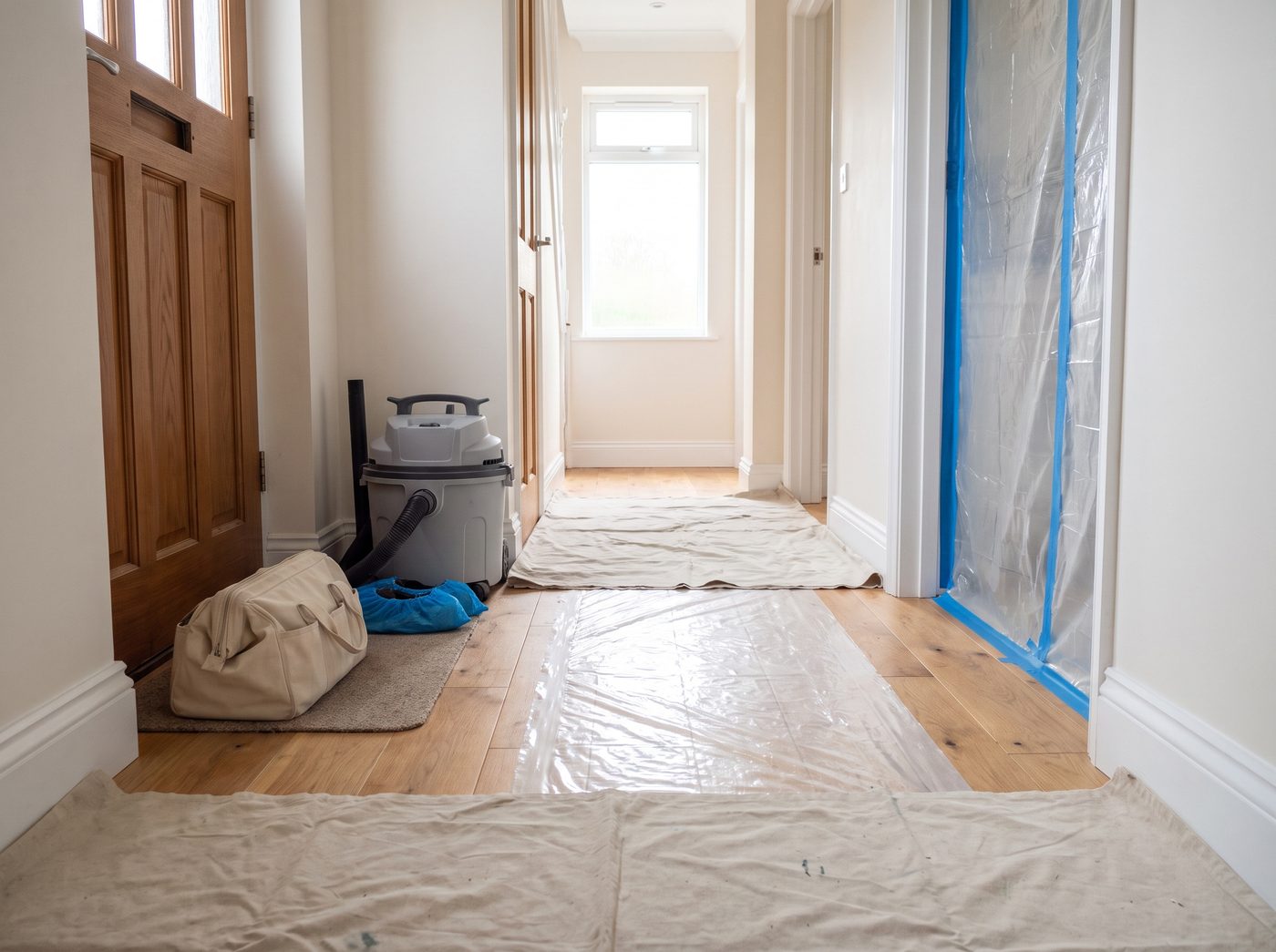 A house hallway covered with drop cloths and floor protection, with a tool bag and shop vacuum by a masked doorway.