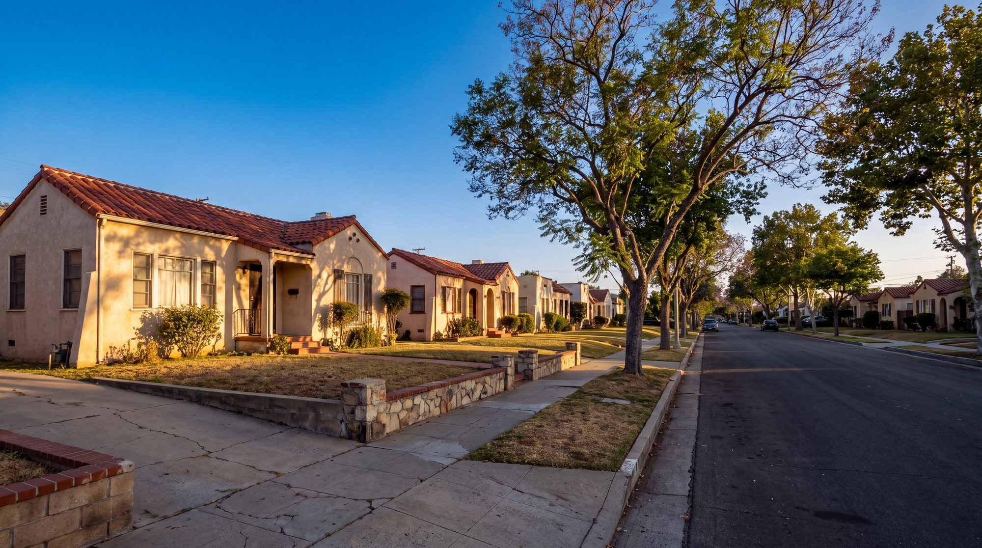 A Los Angeles residential street of bungalows and Spanish revival houses in evening light.