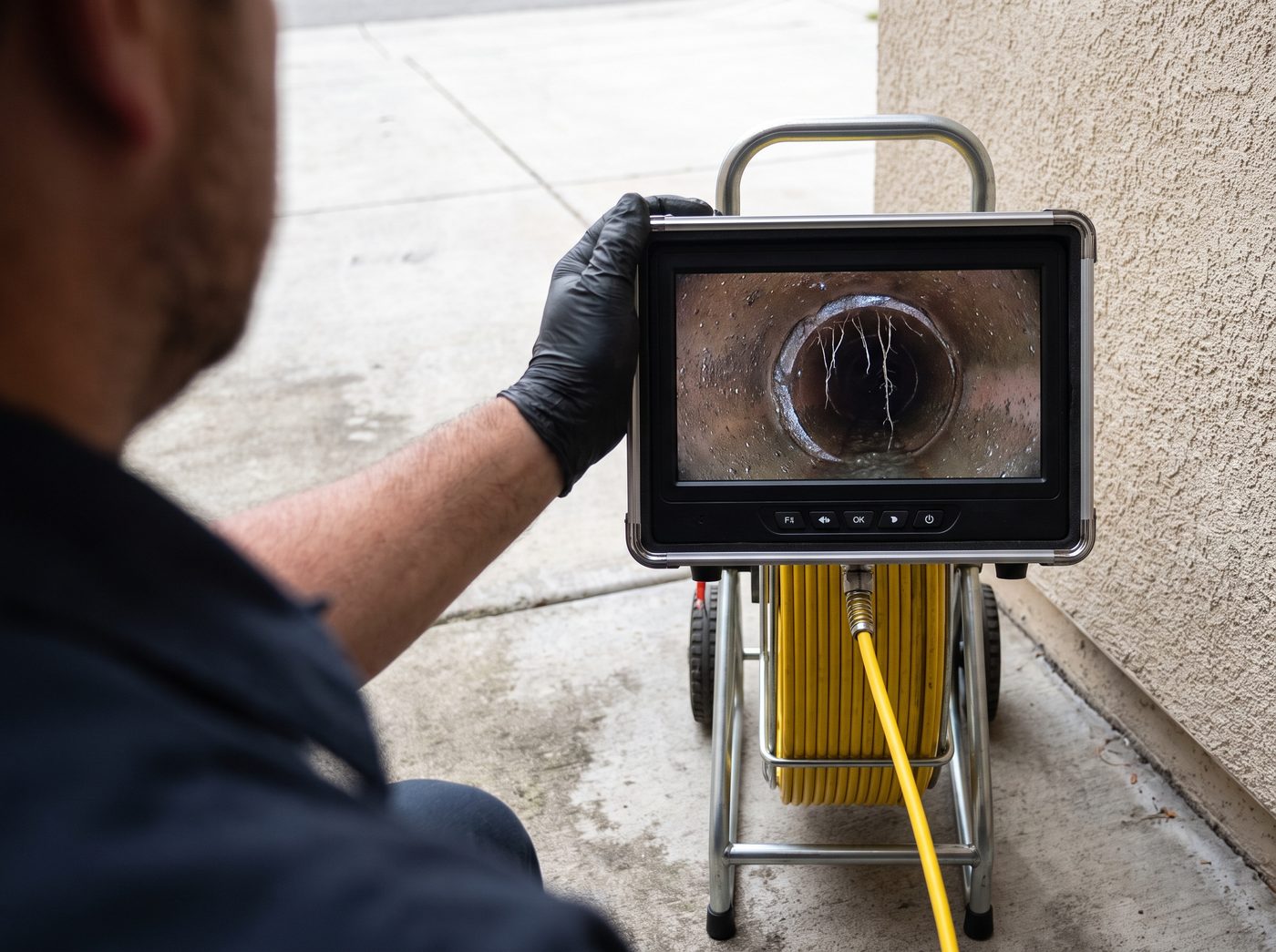 A sewer camera reel monitor showing the inside of a clay pipe with roots at a joint, steadied by a plumber's hand.