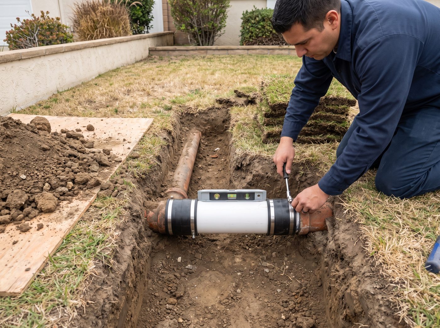 A plumber fitting a new PVC section with rubber couplings into an open sewer trench, with the rest of the line left in the ground.
