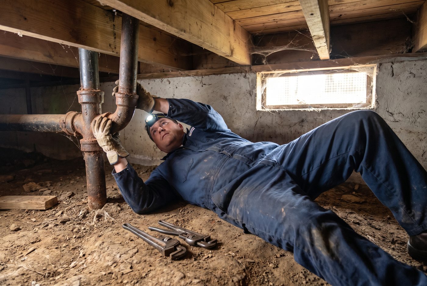 A plumber lying on his back in a crawlspace under a wood floor, headlamp lit, both gloved hands on an old cast iron drain pipe running between the joists above him.
