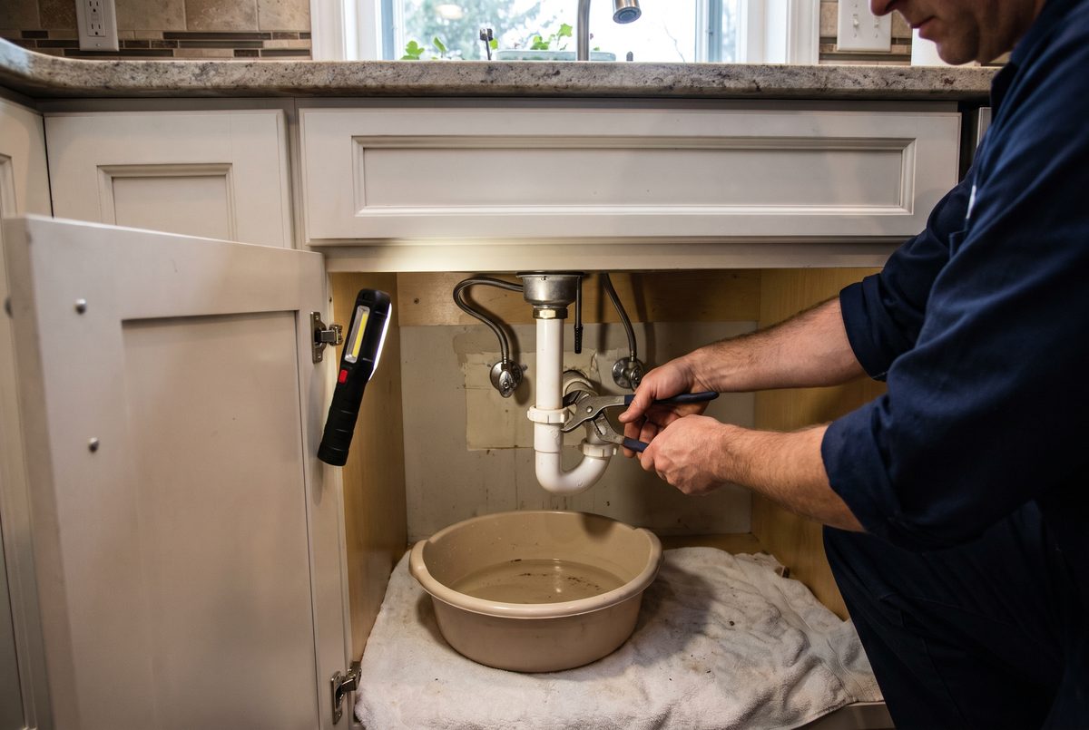 A plumber loosening the slip nut on a PVC P-trap under a kitchen sink, with a bucket underneath.