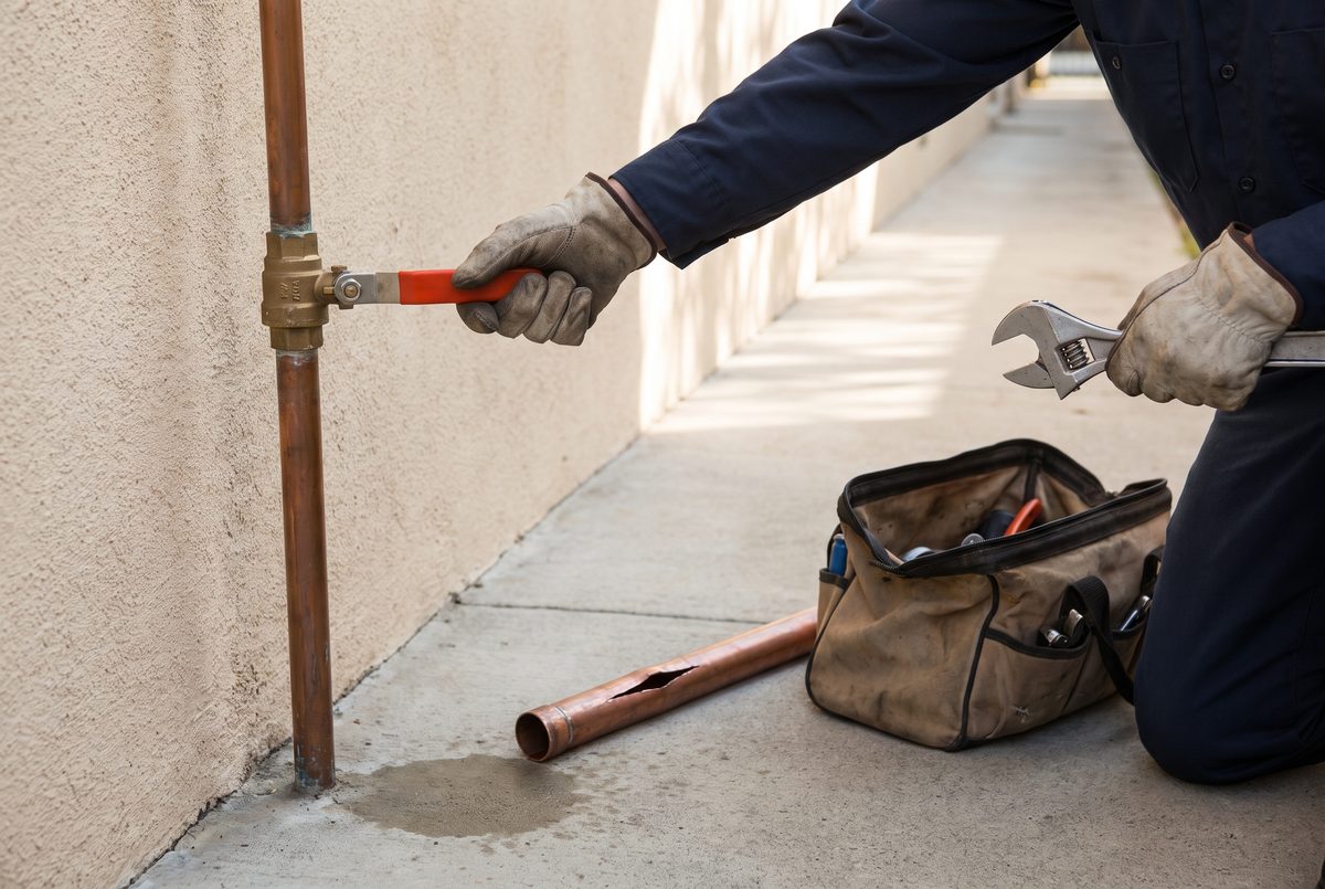 A plumber closing the main water shutoff valve at the side of a house, with a split copper pipe on the ground.
