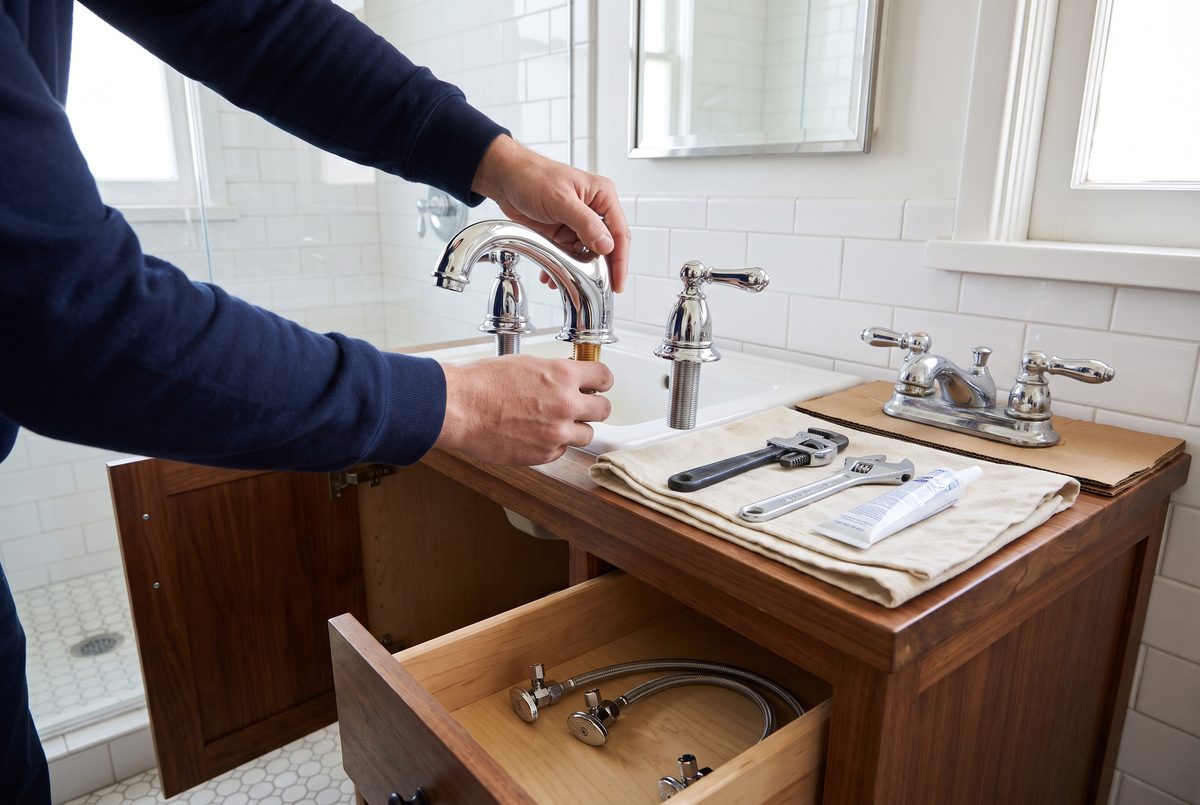 A plumber setting a new chrome widespread faucet on a bathroom vanity.