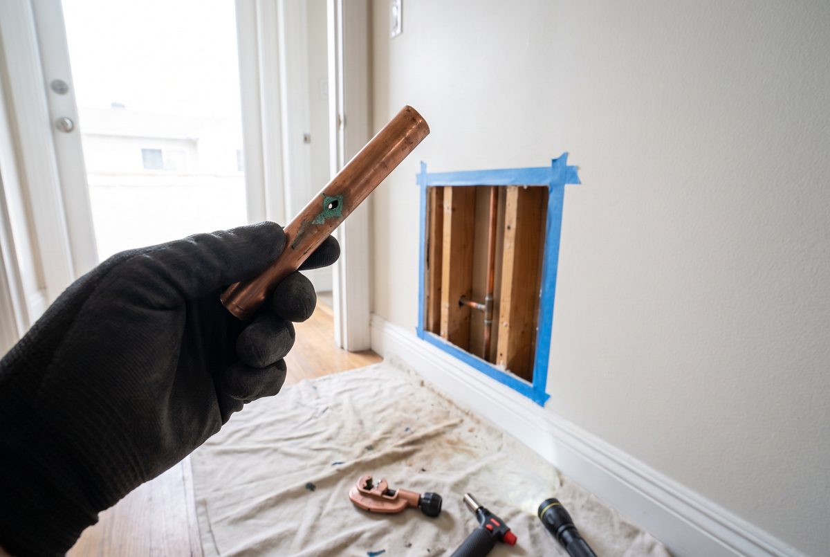 A plumber holding a cut length of copper pipe with a pinhole leak beside an opened wall section.