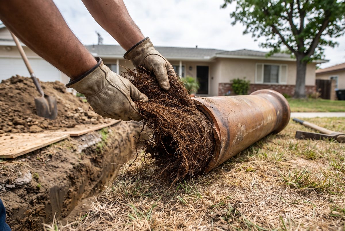 A plumber pulling a mat of tree roots out of a cut section of clay sewer pipe beside an open trench.
