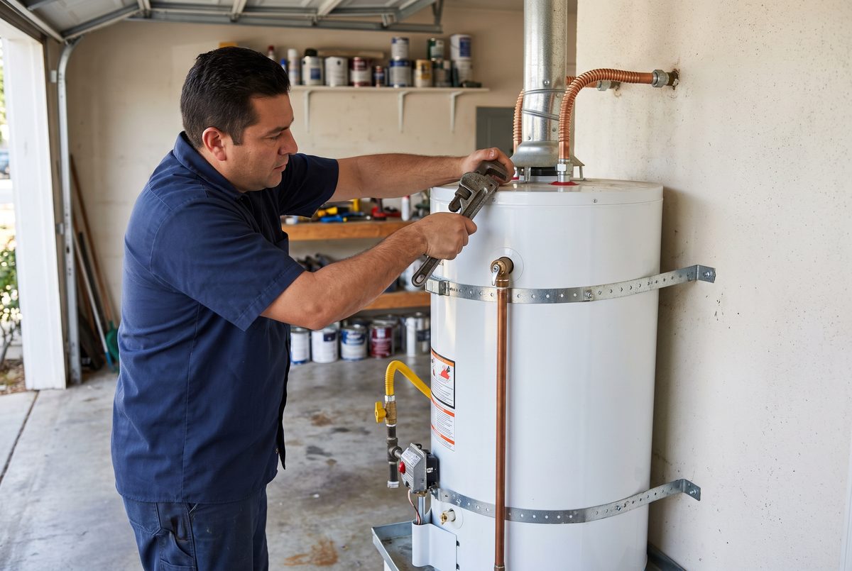 A plumber tightening a copper flex connector on a strapped gas water heater in a garage.