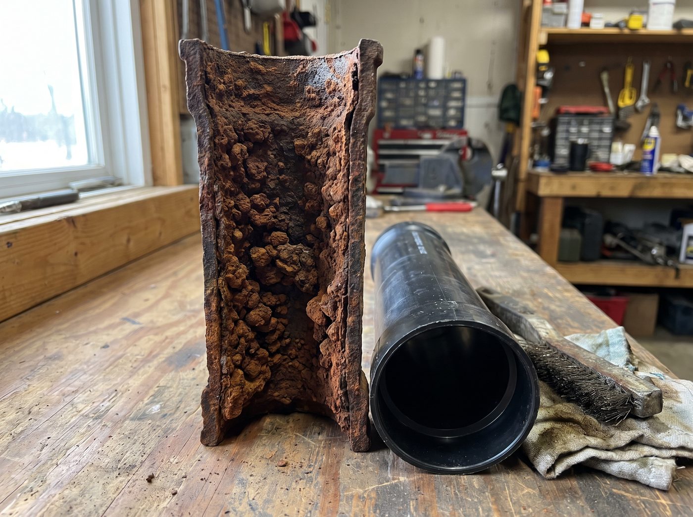 A cut section of cast iron drain pipe with a heavily corroded bore beside a new length of ABS pipe.