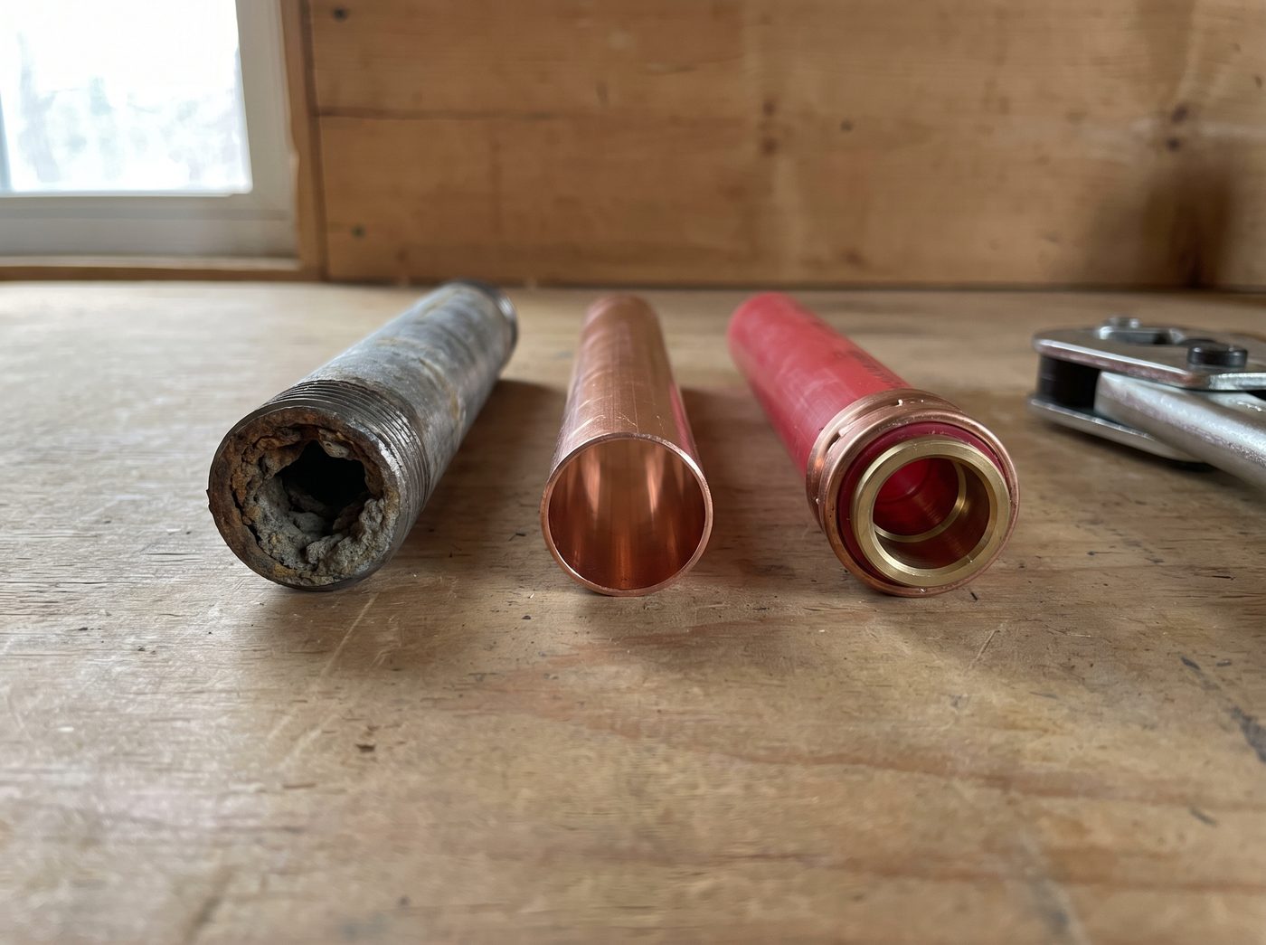 Cut sections of corroded galvanized steel pipe, copper pipe and PEX tubing laid side by side on a bench.